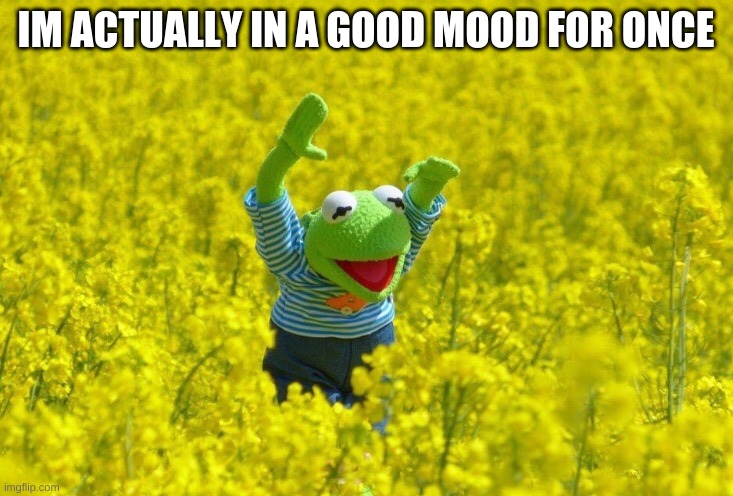 Happy Kermit | IM ACTUALLY IN A GOOD MOOD FOR ONCE | image tagged in happy kermit | made w/ Imgflip meme maker