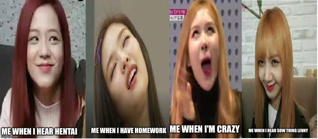 These Blackpink Faces Define My Family | ME WHEN I'M CRAZY; ME WHEN I HAVE HOMEWORK; ME WHEN I HEAR SOW THING LENNY; ME WHEN I HEAR HENTAI | image tagged in these blackpink faces define my family | made w/ Imgflip meme maker