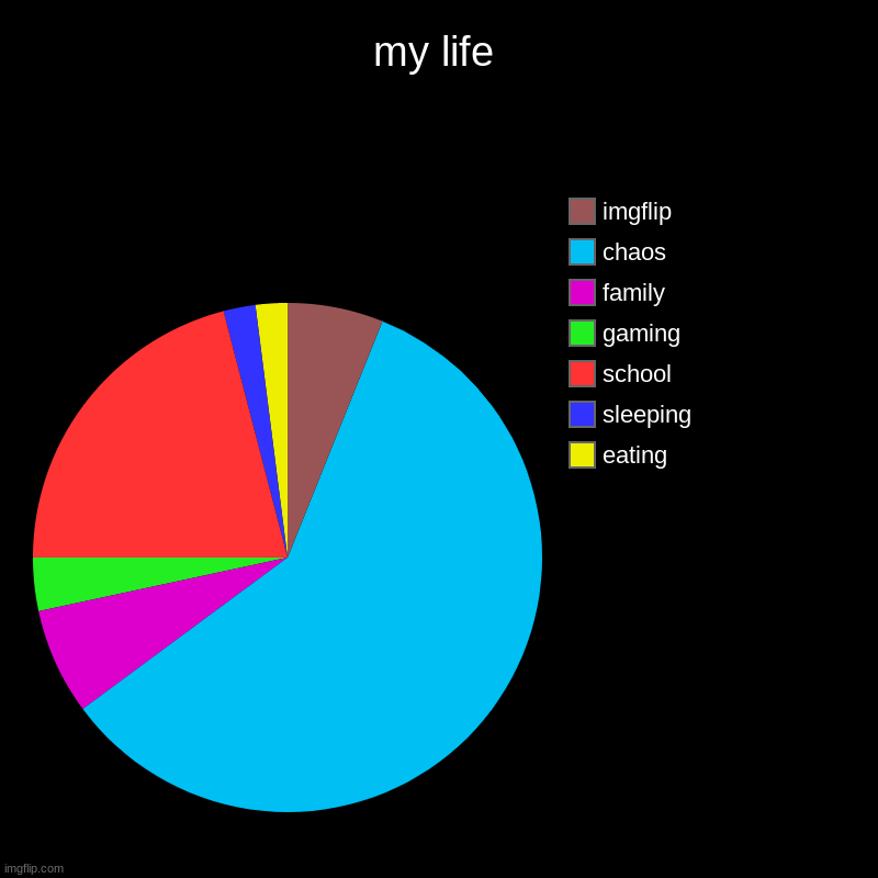this is accurate for 50% of us | my life | eating, sleeping, school, gaming, family, chaos, imgflip | image tagged in charts,pie charts | made w/ Imgflip chart maker