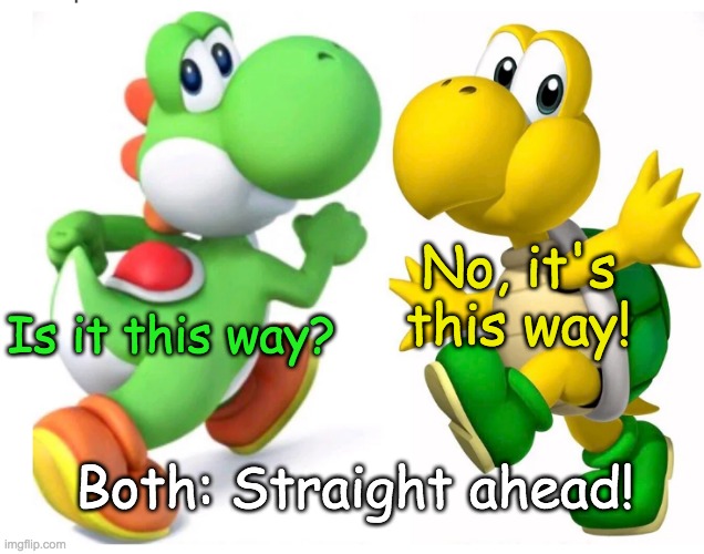 Is it this way? No, it's this way! Both: Straight ahead! | made w/ Imgflip meme maker