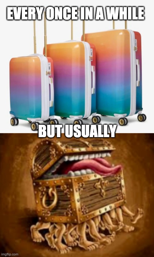 What "emotional baggage" means | EVERY ONCE IN A WHILE; BUT USUALLY | image tagged in luggage,discworld,feelings | made w/ Imgflip meme maker