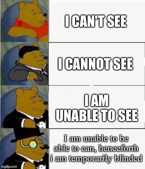 Tuxedo Winnie the Pooh 4 panel | I CAN'T SEE; I CANNOT SEE; I AM UNABLE TO SEE; I am unable to be able to can, henceforth i am temporarily blinded | image tagged in tuxedo winnie the pooh 4 panel | made w/ Imgflip meme maker