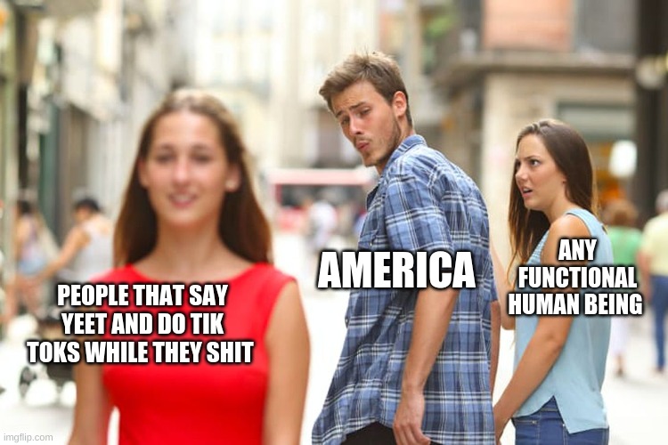 Distracted Boyfriend Meme | ANY FUNCTIONAL HUMAN BEING; AMERICA; PEOPLE THAT SAY YEET AND DO TIK TOKS WHILE THEY SHIT | image tagged in memes,distracted boyfriend | made w/ Imgflip meme maker