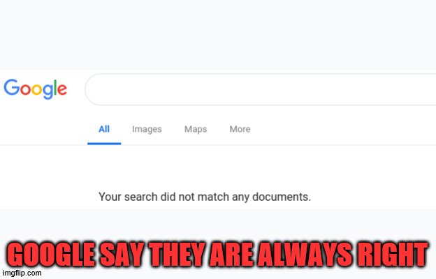 Google No Results | GOOGLE SAY THEY ARE ALWAYS RIGHT | image tagged in google no results | made w/ Imgflip meme maker