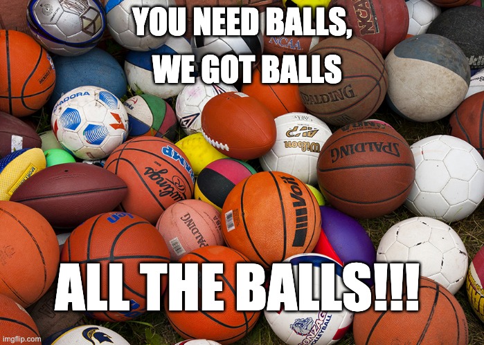 balls, balls, balls, sports was made for the balls. | WE GOT BALLS; YOU NEED BALLS, ALL THE BALLS!!! | image tagged in sports balls | made w/ Imgflip meme maker