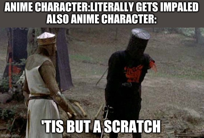 Tis but a scratch | ANIME CHARACTER:LITERALLY GETS IMPALED
ALSO ANIME CHARACTER:; 'TIS BUT A SCRATCH | image tagged in tis but a scratch | made w/ Imgflip meme maker
