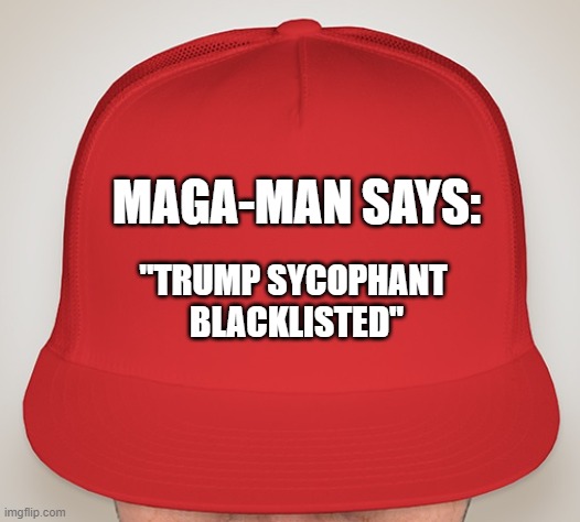 Trump Hat | MAGA-MAN SAYS:; "TRUMP SYCOPHANT 
BLACKLISTED" | image tagged in trump hat | made w/ Imgflip meme maker