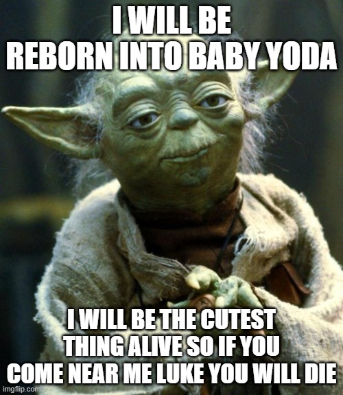 Baby Yoda is deadly... | I WILL BE REBORN INTO BABY YODA; I WILL BE THE CUTEST THING ALIVE SO IF YOU COME NEAR ME LUKE YOU WILL DIE | image tagged in memes,star wars yoda | made w/ Imgflip meme maker