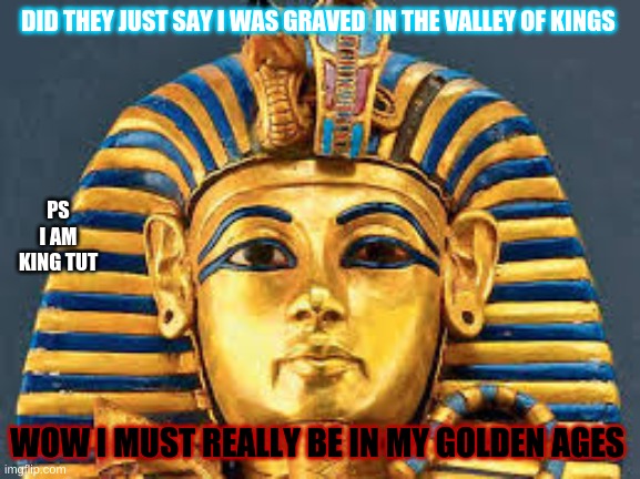 funny king tut meme | DID THEY JUST SAY I WAS GRAVED  IN THE VALLEY OF KINGS; PS I AM KING TUT; WOW I MUST REALLY BE IN MY GOLDEN AGES | image tagged in king tut | made w/ Imgflip meme maker