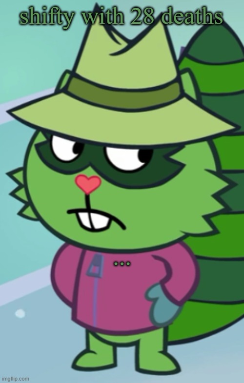 Non-Amused Shifty (HTF) | shifty with 28 deaths ... | image tagged in non-amused shifty htf | made w/ Imgflip meme maker