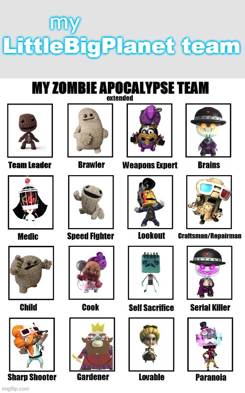 if you've Played The LittleBigPlanet games then you deserve a follow. | my; LittleBigPlanet team | image tagged in my zombie apocalypse team | made w/ Imgflip meme maker