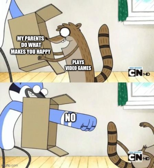 nooooo | MY PARENTS  DO WHAT MAKES YOU HAPPY; PLAYS VIDEO GAMES; NO | image tagged in mordecai punches rigby through a box | made w/ Imgflip meme maker