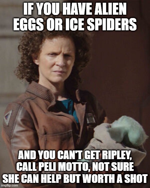 Peli Motto Ice Spiders | IF YOU HAVE ALIEN EGGS OR ICE SPIDERS; AND YOU CAN'T GET RIPLEY, CALL PELI MOTTO, NOT SURE SHE CAN HELP BUT WORTH A SHOT | image tagged in peli motto | made w/ Imgflip meme maker