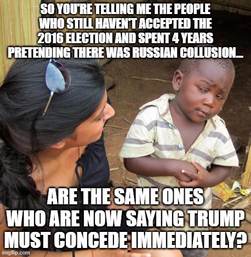 Well, when you put it that way......... | SO YOU'RE TELLING ME THE PEOPLE WHO STILL HAVEN'T ACCEPTED THE 2016 ELECTION AND SPENT 4 YEARS PRETENDING THERE WAS RUSSIAN COLLUSION... ARE THE SAME ONES WHO ARE NOW SAYING TRUMP MUST CONCEDE IMMEDIATELY? | image tagged in 3rd world sceptical child,russia hoax,election,media | made w/ Imgflip meme maker