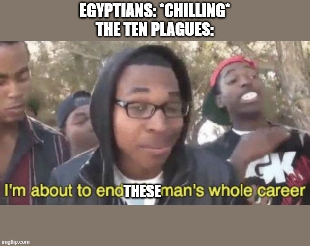 I’m about to end this man’s whole career | EGYPTIANS: *CHILLING*
THE TEN PLAGUES: THESE | image tagged in i m about to end this man s whole career | made w/ Imgflip meme maker