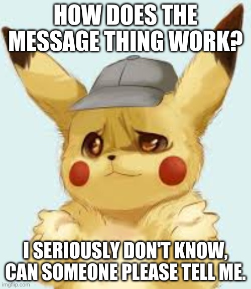 Please, I don't know how it works. | HOW DOES THE MESSAGE THING WORK? I SERIOUSLY DON'T KNOW, CAN SOMEONE PLEASE TELL ME. | image tagged in pikachu shrug,i don't know,i'm the dumbest man alive,please help me,memes | made w/ Imgflip meme maker