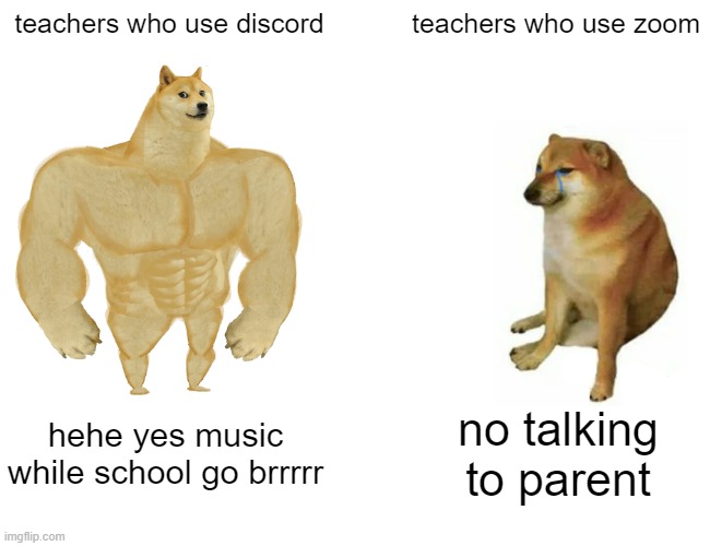 online scewl is no cewl | teachers who use discord; teachers who use zoom; hehe yes music while school go brrrrr; no talking to parent | image tagged in memes,buff doge vs cheems | made w/ Imgflip meme maker