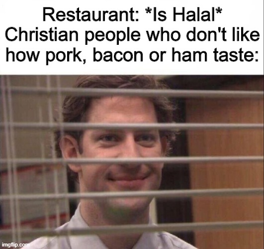 Jim Halbert | Restaurant: *Is Halal*
Christian people who don't like how pork, bacon or ham taste: | image tagged in jim halpert,memes,pork,bacon,halal,food | made w/ Imgflip meme maker