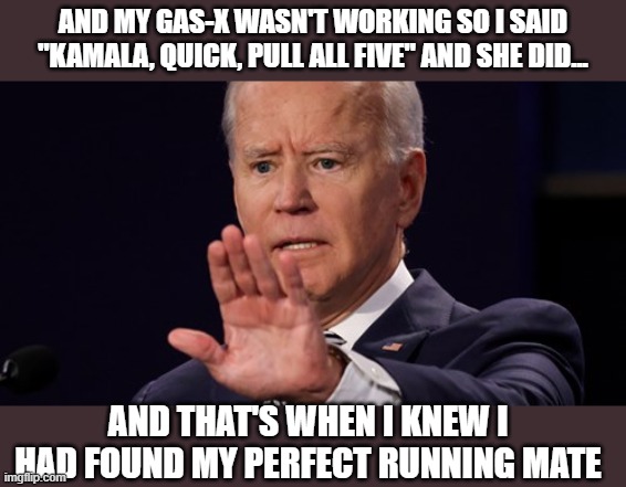 Joe Biden explains his decision making process how he can use it to solve Americas problems | AND MY GAS-X WASN'T WORKING SO I SAID "KAMALA, QUICK, PULL ALL FIVE" AND SHE DID... AND THAT'S WHEN I KNEW I HAD FOUND MY PERFECT RUNNING MATE | image tagged in biden,decisions,problem solving,election 2020 aftermath,donald trump approves,kamala harris | made w/ Imgflip meme maker
