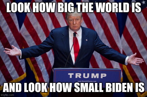 Donald Trump | LOOK HOW BIG THE WORLD IS AND LOOK HOW SMALL BIDEN IS | image tagged in donald trump | made w/ Imgflip meme maker