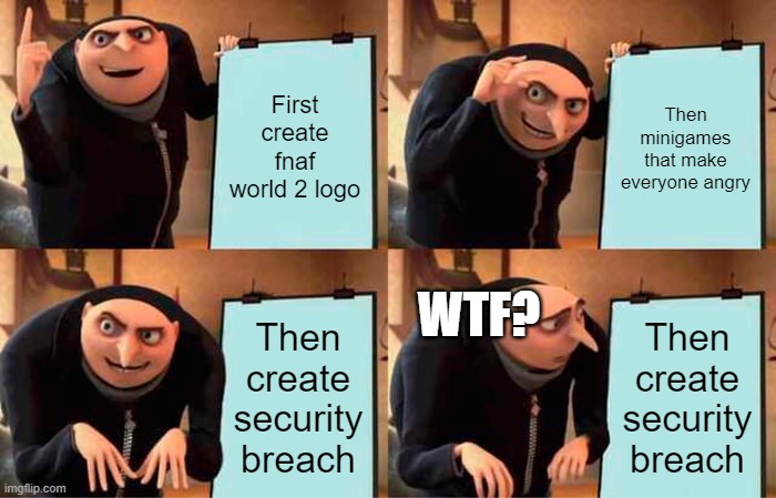 Scott Cawton | First create fnaf world 2 logo; Then minigames that make everyone angry; WTF? Then create security breach; Then create security breach | image tagged in memes,fnaf | made w/ Imgflip meme maker