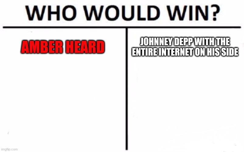 Amber vs Johnney | AMBER HEARD; JOHNNEY DEPP WITH THE ENTIRE INTERNET ON HIS SIDE | image tagged in memes,who would win | made w/ Imgflip meme maker