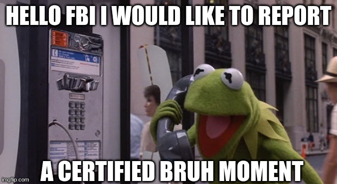 bruuuuuuh | HELLO FBI I WOULD LIKE TO REPORT; A CERTIFIED BRUH MOMENT | image tagged in kermit phone | made w/ Imgflip meme maker