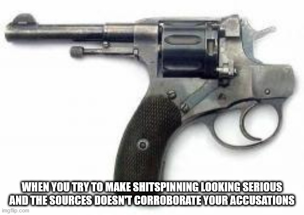 Police Issue Revolver | WHEN YOU TRY TO MAKE SHITSPINNING LOOKING SERIOUS
AND THE SOURCES DOESN'T CORROBORATE YOUR ACCUSATIONS | image tagged in police issue revolver | made w/ Imgflip meme maker