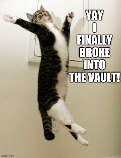 look! | YAY I FINALLY BROKE INTO THE VAULT! | image tagged in happy cat | made w/ Imgflip meme maker