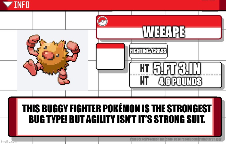 Oof | WEEAPE; FIGHTING/GRASS; 5.FT 3.IN; 4.6 POUNDS; THIS BUGGY FIGHTER POKÉMON IS THE STRONGEST BUG TYPE! BUT AGILITY ISN’T IT’S STRONG SUIT. | image tagged in imgflip username pokedex | made w/ Imgflip meme maker