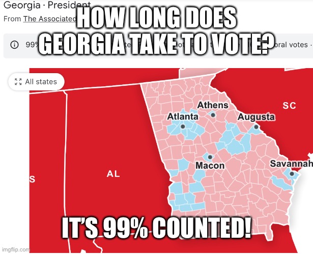 Georgia... WTH | HOW LONG DOES GEORGIA TAKE TO VOTE? IT’S 99% COUNTED! | image tagged in georgia,politics,united states | made w/ Imgflip meme maker