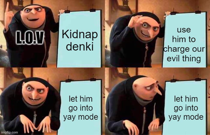 Gru's Plan | Kidnap denki; use him to charge our evil thing; L.O.V; let him go into yay mode; let him go into yay mode | image tagged in memes,gru's plan | made w/ Imgflip meme maker