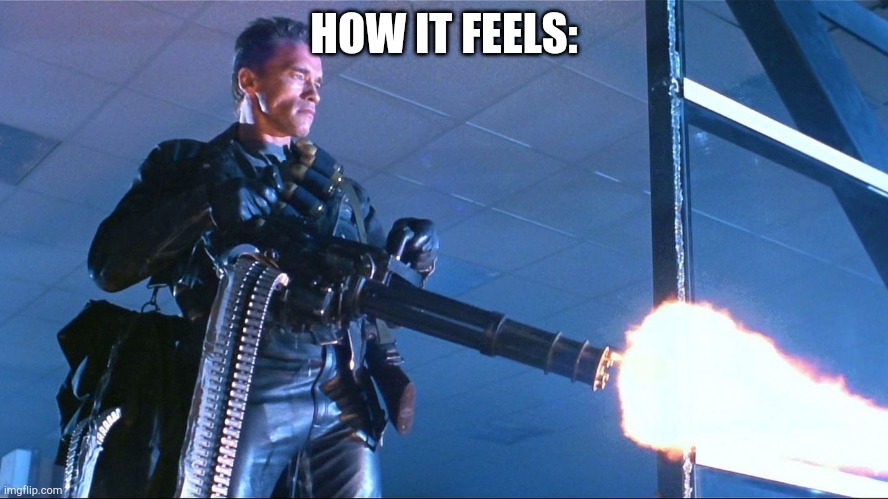 Terminator Minigun Arnold Schwarzenegger | HOW IT FEELS: | image tagged in terminator minigun arnold schwarzenegger | made w/ Imgflip meme maker