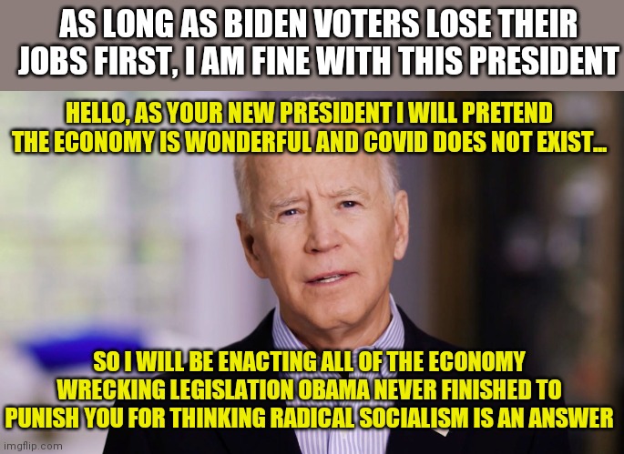 Well at least braindead college liberals will learn the hard way that socialism is no answer | AS LONG AS BIDEN VOTERS LOSE THEIR JOBS FIRST, I AM FINE WITH THIS PRESIDENT; HELLO, AS YOUR NEW PRESIDENT I WILL PRETEND THE ECONOMY IS WONDERFUL AND COVID DOES NOT EXIST... SO I WILL BE ENACTING ALL OF THE ECONOMY WRECKING LEGISLATION OBAMA NEVER FINISHED TO PUNISH YOU FOR THINKING RADICAL SOCIALISM IS AN ANSWER | image tagged in joe biden 2020,democratic socialism,bad joke | made w/ Imgflip meme maker