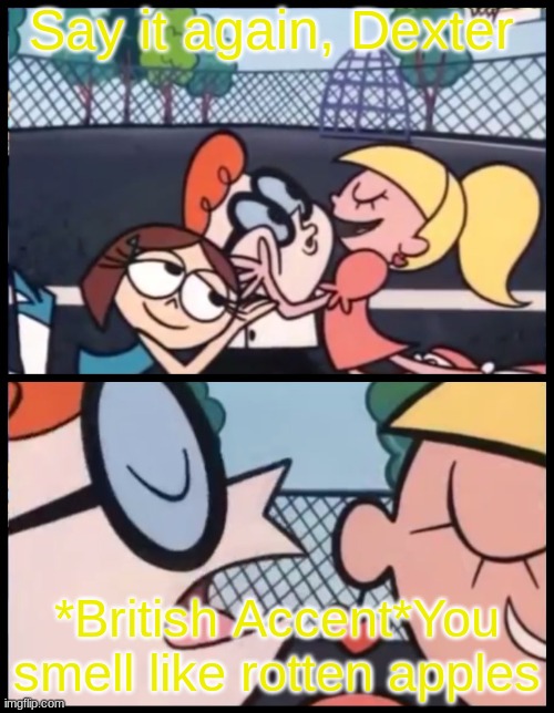 Say it Again, Dexter | Say it again, Dexter; *British Accent*You smell like rotten apples | image tagged in memes,say it again dexter,funny memes,imagination spongebob | made w/ Imgflip meme maker