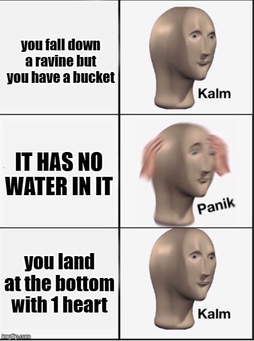 Reverse kalm panik | you fall down a ravine but you have a bucket; IT HAS NO WATER IN IT; you land at the bottom with 1 heart | image tagged in reverse kalm panik | made w/ Imgflip meme maker