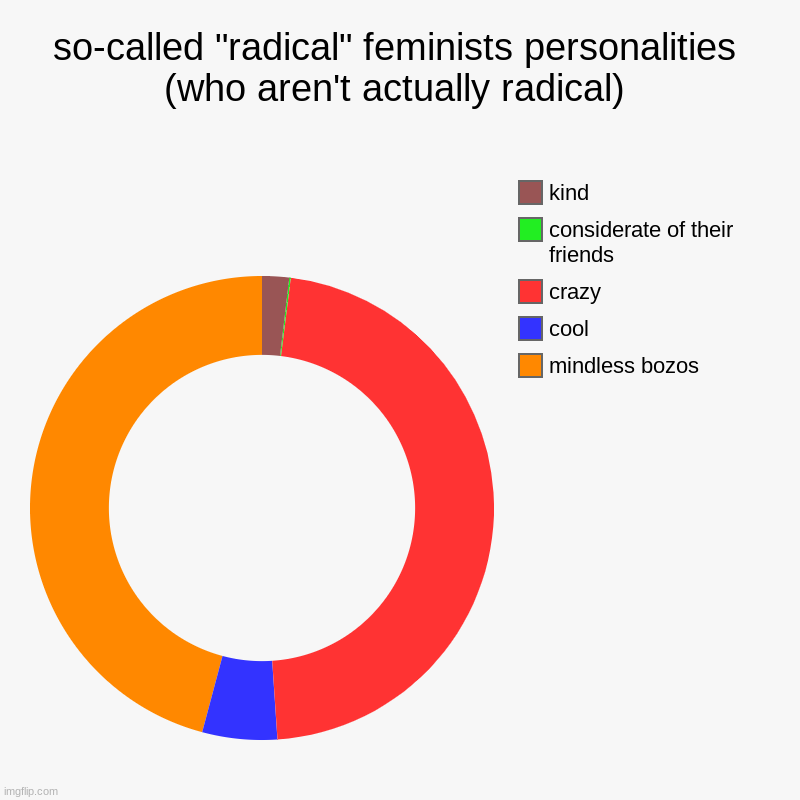 yuppppppppppppp | so-called "radical" feminists personalities (who aren't actually radical) | mindless bozos, cool, crazy, considerate of their friends, kind | image tagged in charts,donut charts | made w/ Imgflip chart maker
