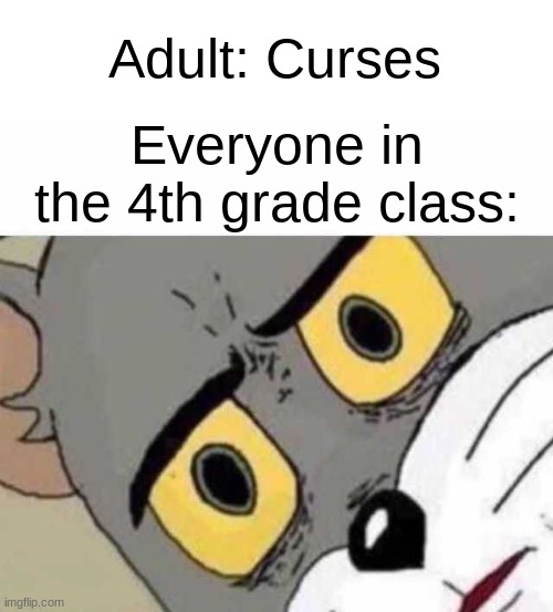 actually happened haha | Adult: Curses; Everyone in the 4th grade class: | image tagged in tom cat unsettled close up | made w/ Imgflip meme maker