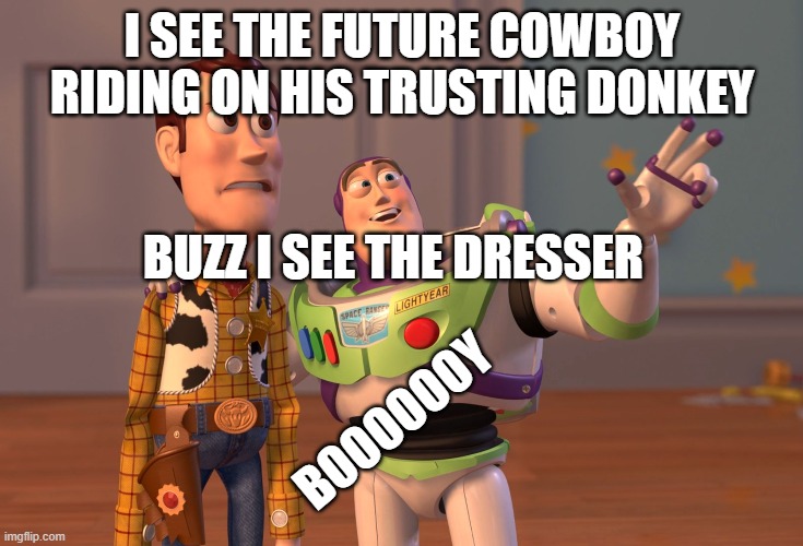 Toy story | I SEE THE FUTURE COWBOY RIDING ON HIS TRUSTING DONKEY; BUZZ I SEE THE DRESSER; BOOOOOOY | image tagged in memes,x x everywhere | made w/ Imgflip meme maker
