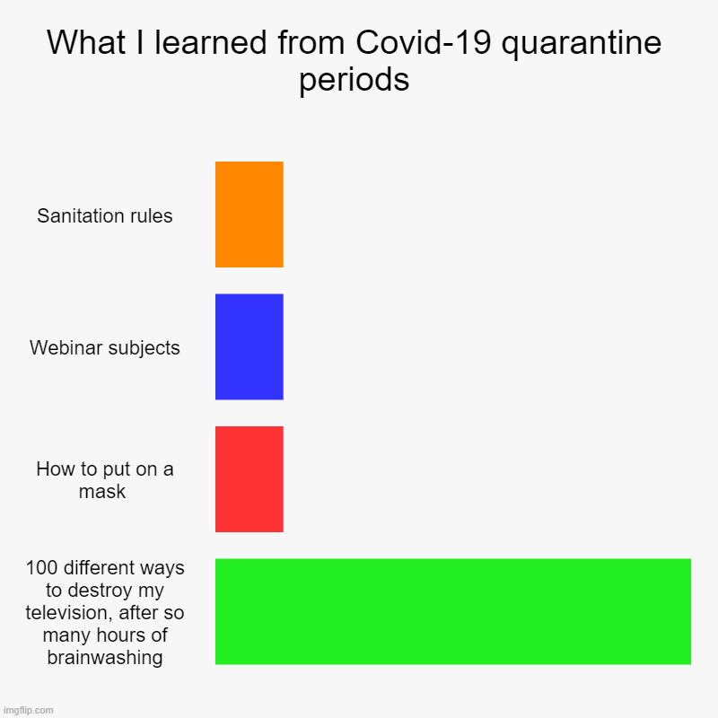 Every hardship can teach you something! | What I learned from Covid-19 quarantine periods | Sanitation rules, Webinar subjects, How to put on a mask , 100 different ways to destroy m | image tagged in charts,bar charts,covid-19,coronavirus meme | made w/ Imgflip chart maker