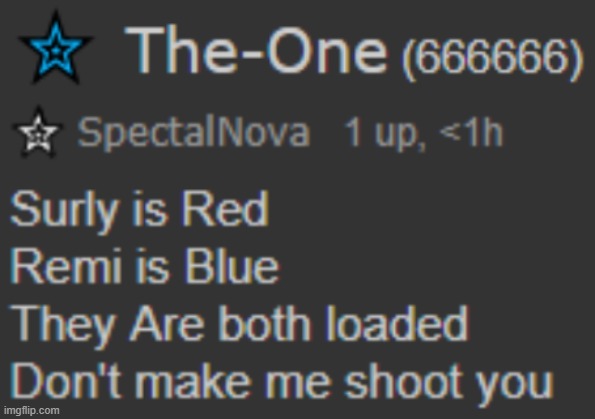 Surly is Red, Remi is Blue, They are both loaded, Don't make me shoot you, if you provoke me, then say goodnight motherfu- | made w/ Imgflip meme maker