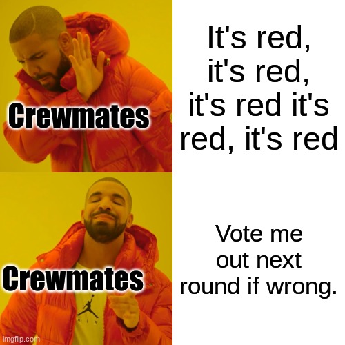 Crewmates be like...... | It's red, it's red, it's red it's red, it's red; Crewmates; Vote me out next round if wrong. Crewmates | image tagged in memes,drake hotline bling | made w/ Imgflip meme maker