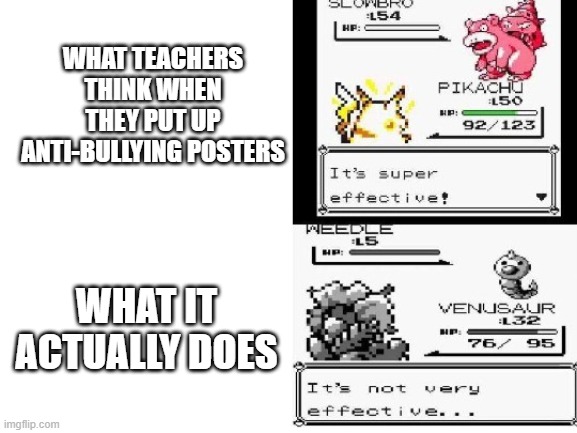 Anti-Bullying go brrrrr | WHAT TEACHERS THINK WHEN THEY PUT UP ANTI-BULLYING POSTERS; WHAT IT ACTUALLY DOES | image tagged in super effective and not very effective,memes,school | made w/ Imgflip meme maker