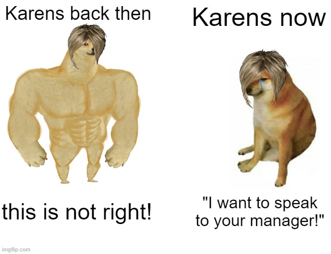 Buff Doge vs. Cheems | Karens back then; Karens now; this is not right! "I want to speak to your manager!" | image tagged in memes,buff doge vs cheems | made w/ Imgflip meme maker