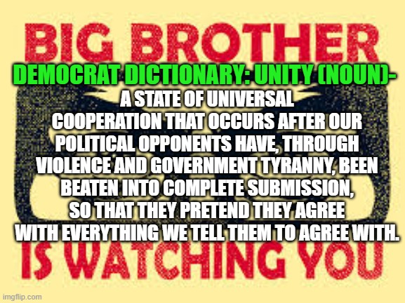 Democrats: Redefining reality one word at a time. | A STATE OF UNIVERSAL COOPERATION THAT OCCURS AFTER OUR POLITICAL OPPONENTS HAVE, THROUGH VIOLENCE AND GOVERNMENT TYRANNY, BEEN BEATEN INTO COMPLETE SUBMISSION, SO THAT THEY PRETEND THEY AGREE WITH EVERYTHING WE TELL THEM TO AGREE WITH. DEMOCRAT DICTIONARY: UNITY (NOUN)- | image tagged in democrat dictionary,lies,newspeak,1984 | made w/ Imgflip meme maker