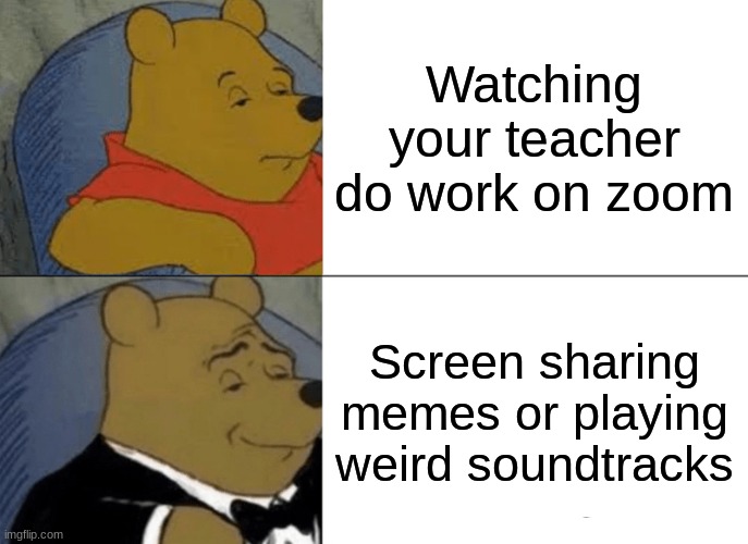 Definition of a cool kid | Watching your teacher do work on zoom; Screen sharing memes or playing weird soundtracks | image tagged in memes,tuxedo winnie the pooh | made w/ Imgflip meme maker