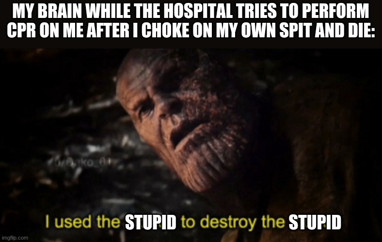 Choked on own spit | MY BRAIN WHILE THE HOSPITAL TRIES TO PERFORM CPR ON ME AFTER I CHOKE ON MY OWN SPIT AND DIE:; STUPID; STUPID | image tagged in i used the stones to destroy the stones | made w/ Imgflip meme maker