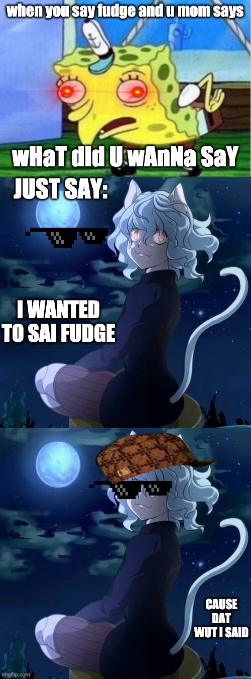 Dat Wat I said | when you say fudge and u mom says; wHaT dId U wAnNa SaY; JUST SAY:; I WANTED TO SAI FUDGE; CAUSE DAT WUT I SAID | image tagged in memes,mocking spongebob,funny,i too like to live dangerously,very funny,savage memes | made w/ Imgflip meme maker