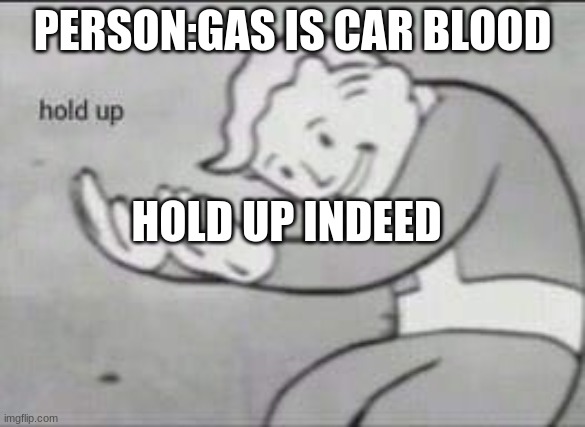 gas | PERSON:GAS IS CAR BLOOD; HOLD UP INDEED | image tagged in fallout hold up | made w/ Imgflip meme maker