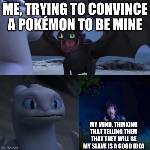 My Mind | ME, TRYING TO CONVINCE A POKÉMON TO BE MINE; MY MIND, THINKING THAT TELLING THEM THAT THEY WILL BE MY SLAVE IS A GOOD IDEA | image tagged in night fury,memes,pokemon | made w/ Imgflip meme maker
